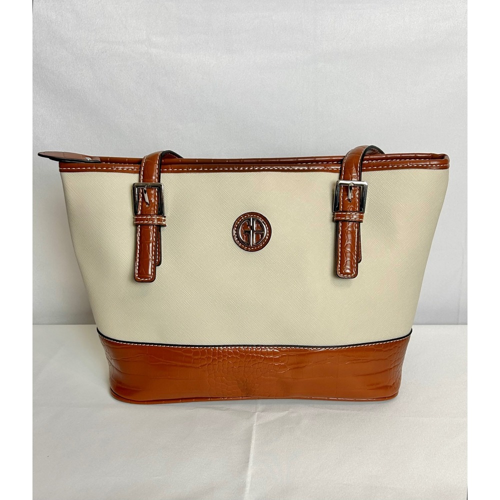 NWT Giani Bernini Cream Cognac Croc Trim Saffiano Tote Shoulder Bag Silver Logo